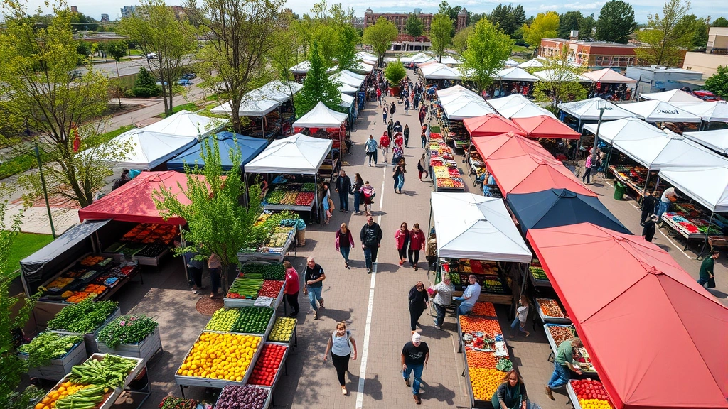 Wide overhead view of Fort Collins farmers market bustling with activity, multiple vendor tents displaying seasonal produce, shoppers with bags navigating rows of stalls, community gathering space, trees and outdoor setting, diverse product categories visible from produce to prepared foods