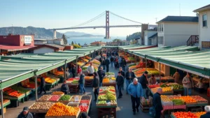 Wide overhead shot of Fort Mason Farmers Market during peak Saturday morning hours, showing organized vendor stalls with colorful produce displays, customers browsing, Bay Bridge visible in background, natural morning light, photorealistic, no signage text visible
