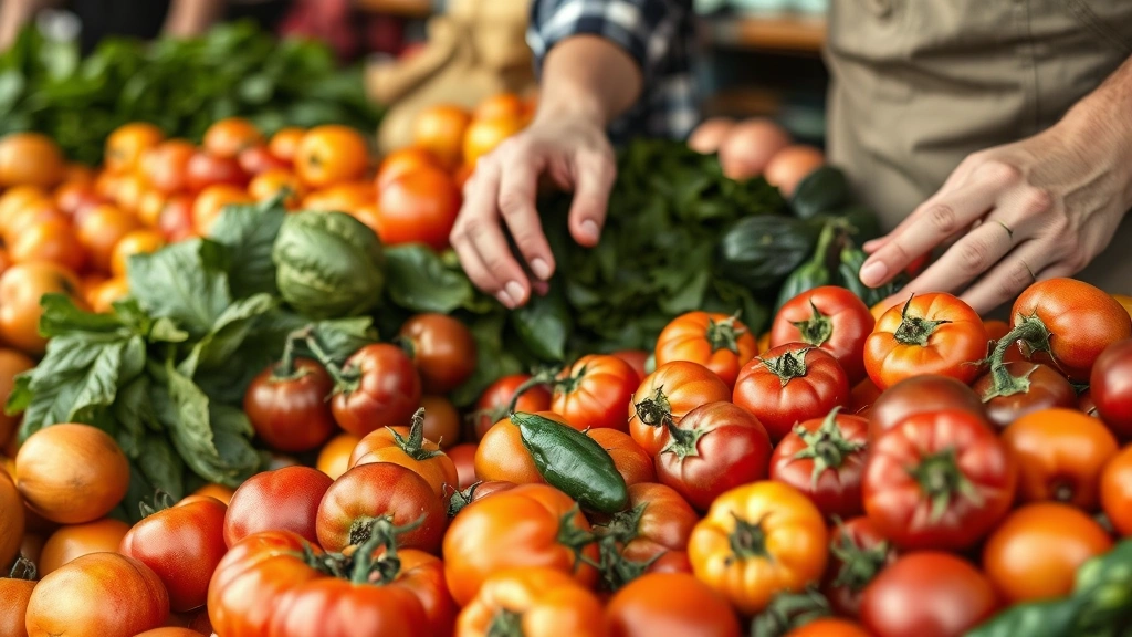 Close-up of farmer vendor arranging fresh organic heirloom tomatoes, stone fruits, and seasonal vegetables at market stand, hands visible selecting produce, natural daylight, vibrant colors, photorealistic detail showing product quality and freshness