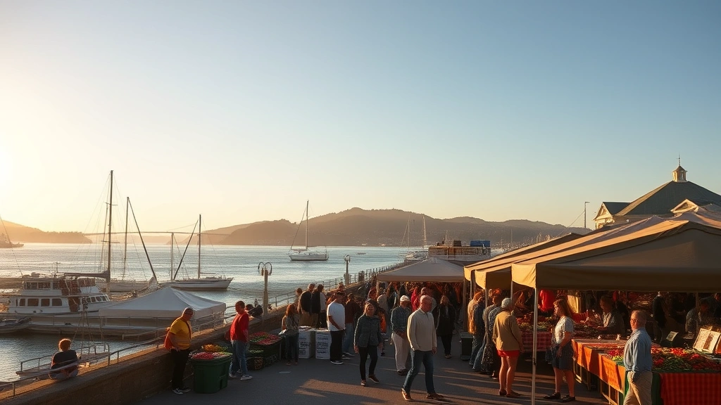 Scenic waterfront view of Fort Mason market with vendor tents, customers shopping, San Francisco Bay waters and sailboats in background, golden hour lighting, bustling farmers market atmosphere, photorealistic