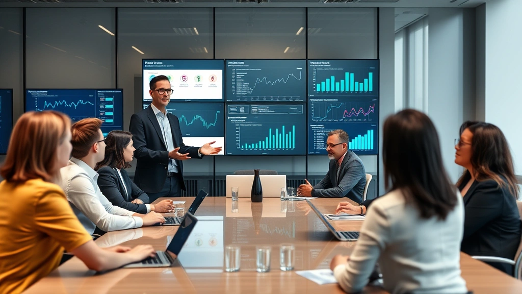 Professional cybersecurity executive in modern office boardroom presenting security strategy to diverse business team, digital screens showing analytics dashboards in background, confident body language, contemporary business attire, corporate environment