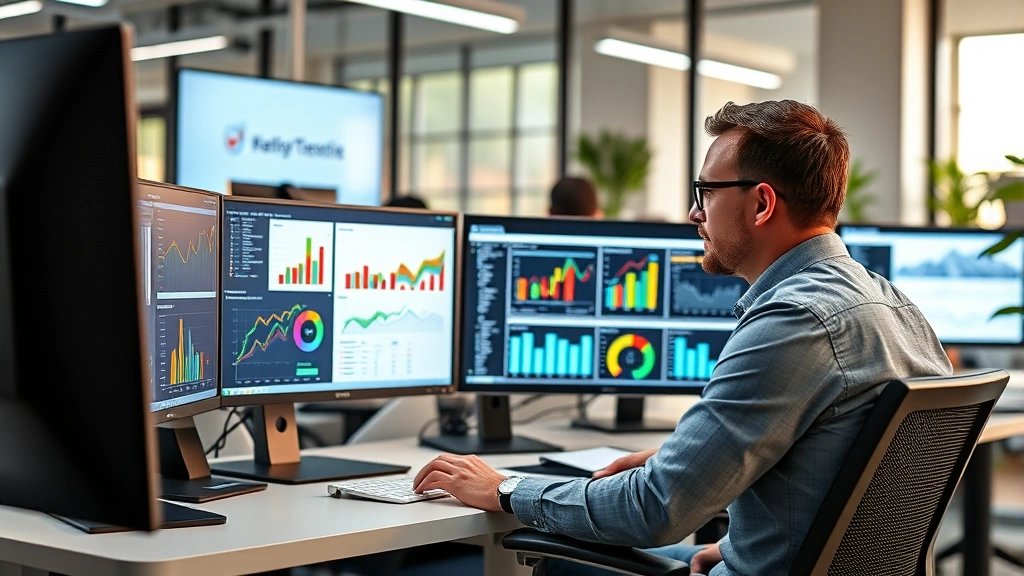 Data analyst reviewing marketing metrics on multiple computer monitors in tech office, colorful analytics dashboards and charts visible, professional setting with modern furniture, focused expression, business intelligence tools displayed