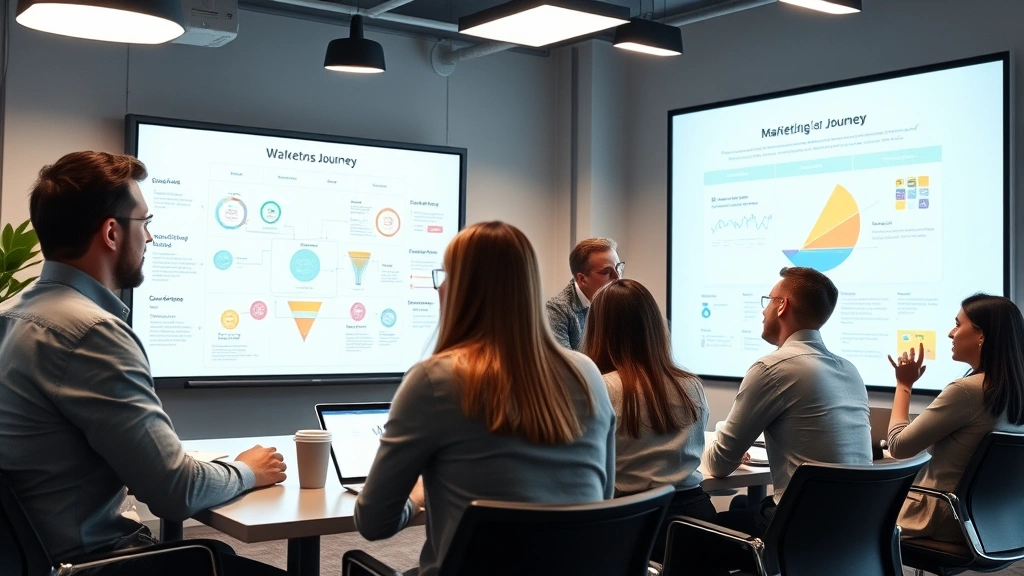 Enterprise sales team collaborating in modern conference room with digital whiteboard showing customer journey maps and marketing funnels, diverse professionals engaged in discussion, contemporary office design, collaborative atmosphere