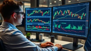 Professional trader analyzing multiple trading charts on high-resolution monitor displaying candlestick patterns and technical indicators in modern office environment