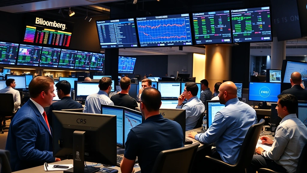 Diverse group of traders collaborating in modern trading floor with Bloomberg terminals, discussing market analysis and trading strategies