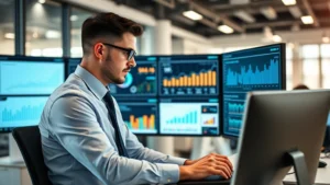 Professional franchise owner analyzing sales data on digital dashboard with multiple screens showing analytics graphs and customer metrics in modern office setting