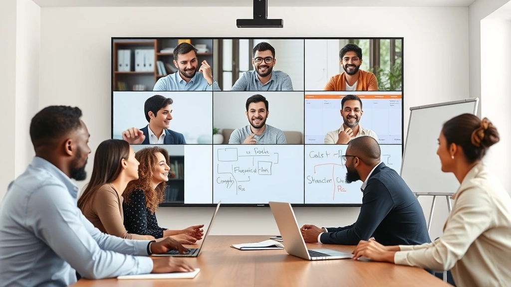 Diverse team of franchisees collaborating during video conference call discussing marketing strategies with whiteboards and laptops visible