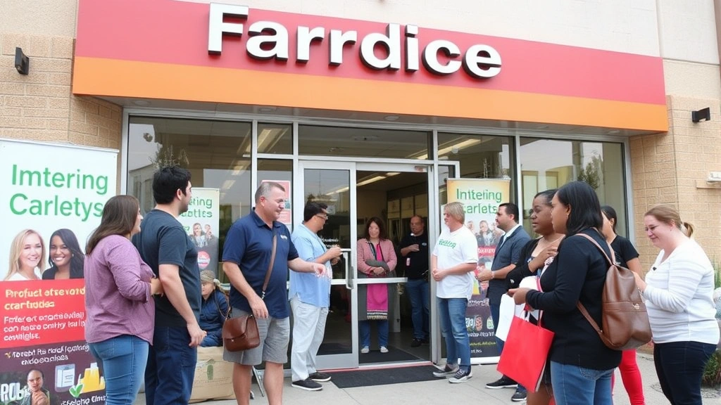 Franchise location storefront during community event with customers engaged and smiling, showing local marketing activation in progress with promotional banners