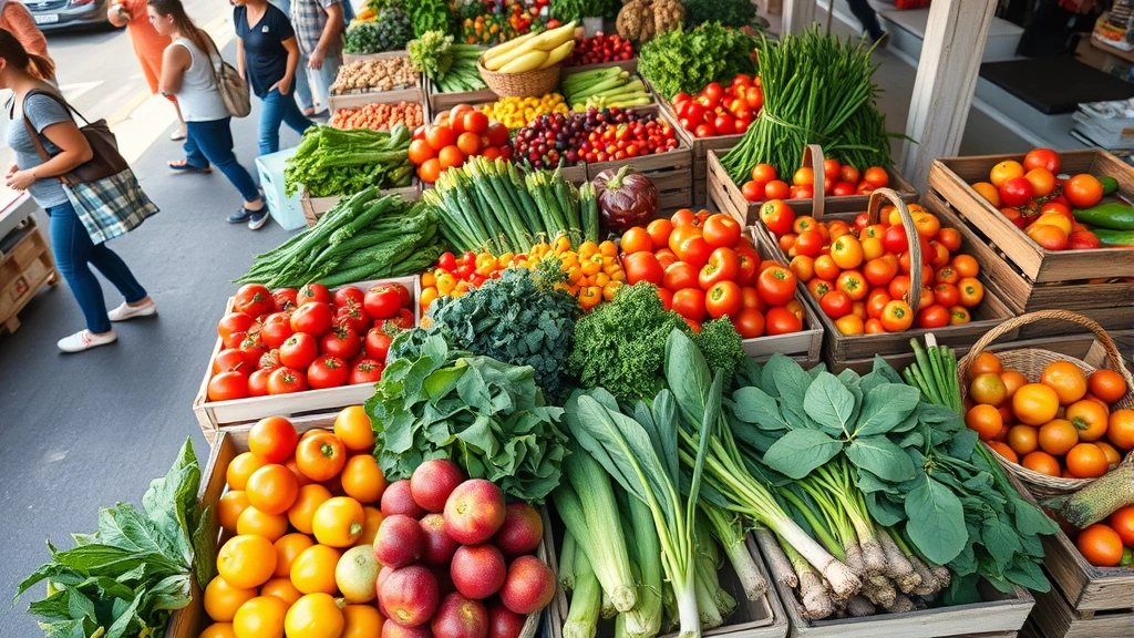 Professional overhead shot of a vibrant farmers market display with colorful fresh produce arranged in wooden crates and baskets, featuring tomatoes, peppers, leafy greens, and root vegetables, bright natural morning light, customers browsing in background, authentic market atmosphere