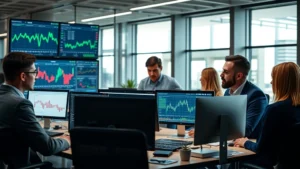 A diverse group of professionals analyzing financial data on multiple screens in a modern office environment, showing collaboration and market analysis in action, photorealistic business setting