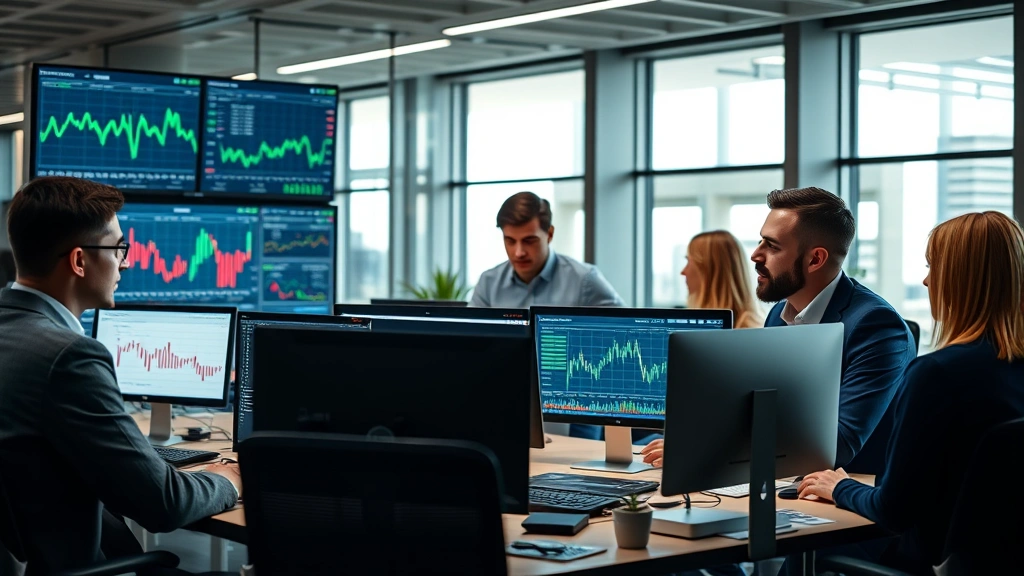 A diverse group of professionals analyzing financial data on multiple screens in a modern office environment, showing collaboration and market analysis in action, photorealistic business setting