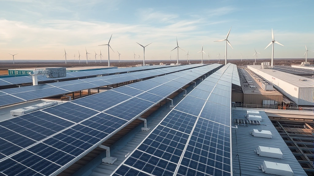 Solar panels installed on industrial rooftops with wind turbines visible in the distance, demonstrating renewable energy innovation and sustainable business practices in a contemporary commercial landscape