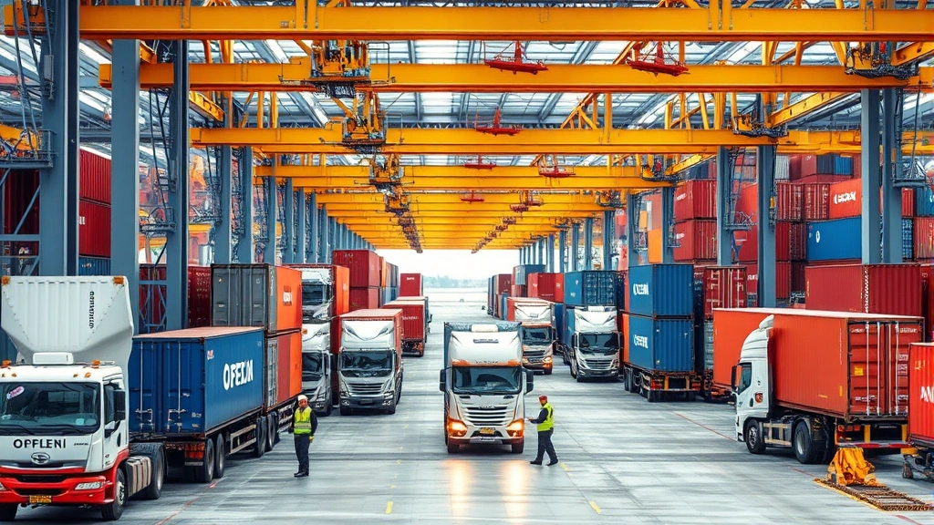 A bustling international logistics hub with containers, trucks, and workers, showing global supply chain complexity and modern commerce infrastructure with transparent operations