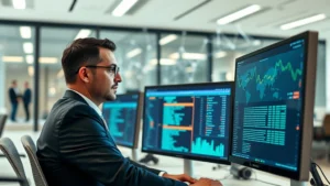Professional businessman reviewing digital transaction data on multiple computer monitors in modern office, showing transparent blockchain network visualization in background, focused analytical expression, clean minimalist workspace