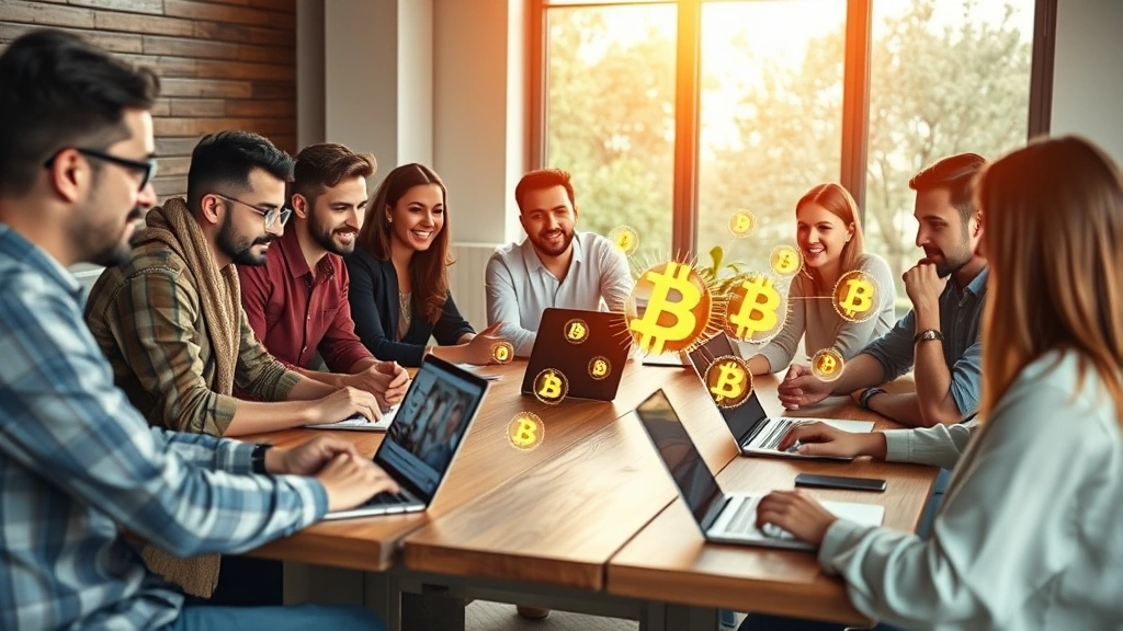 Diverse group of entrepreneurs collaborating around wooden table with laptops and cryptocurrency symbols projected as holographic displays, natural lighting through large windows, representing decentralized community decision-making