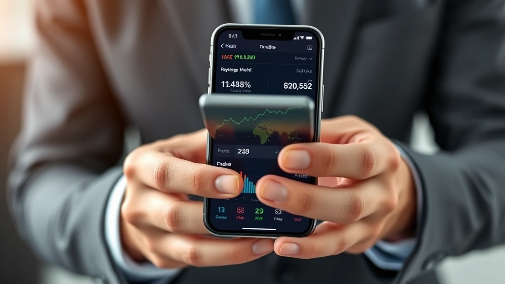 Close-up of hands holding smartphone displaying decentralized finance dashboard with price charts and peer-to-peer transaction flows, modern fintech interface design, professional business casual setting