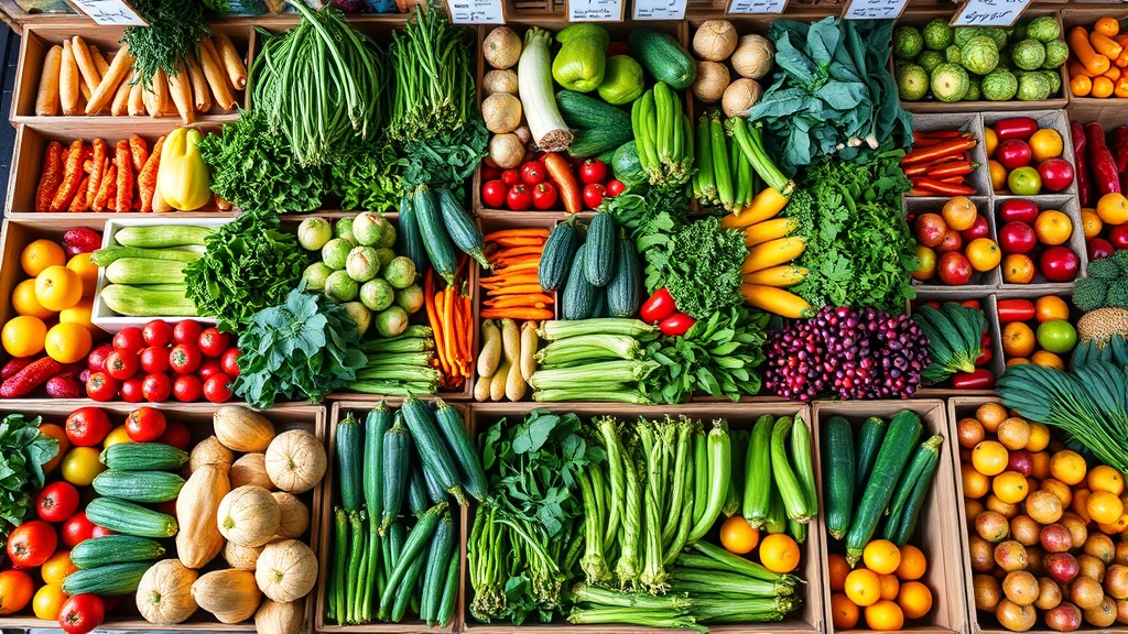 Overhead shot of organized fresh produce section at international specialty market with vibrant vegetables, leafy greens, and exotic fruits neatly arranged in wooden crates and display bins, natural lighting emphasizing colors and freshness