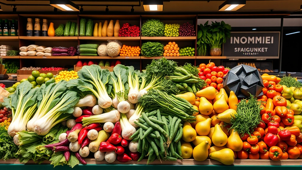 Fresh produce display with vibrant international vegetables and fruits arranged at specialty market stand, including bok choy, daikon radish, Asian pears, and specialty peppers, warm professional lighting, clean modern shelving