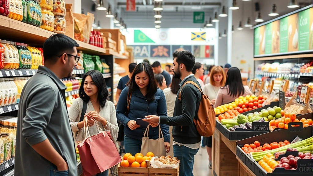 Diverse shoppers browsing fresh international products at modern specialty market with bright lighting and organized displays, customers examining produce and specialty items, warm welcoming retail environment with professional merchandising