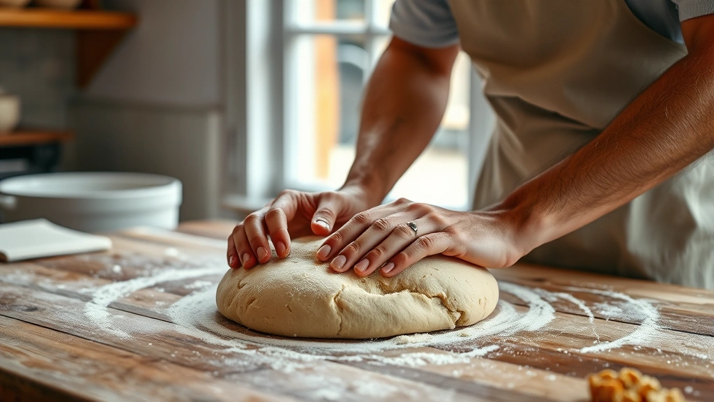 Artisan baker hands shaping sourdough dough on wooden work surface, natural lighting from bakery window, flour dust visible, professional bakery environment