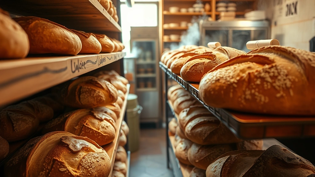 Freshly baked crusty artisan bread loaves cooling on wooden shelves with steam rising, golden-brown crusts, professional bakery interior, warm natural lighting