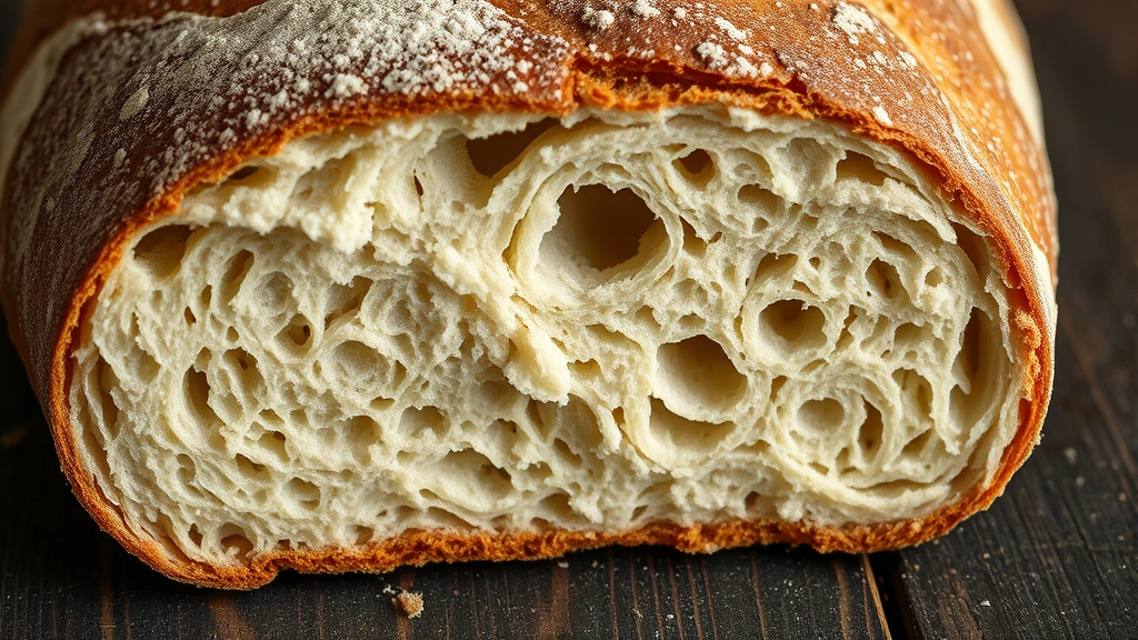 Close-up of sourdough bread cross-section showing open crumb structure and fermentation bubbles, rustic presentation on dark wood, natural lighting highlighting texture