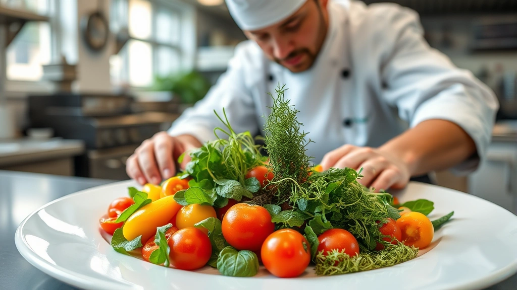 Professional chef arranging colorful fresh vegetables and herbs on a large white plate in a commercial kitchen, vibrant produce including heirloom tomatoes, leafy greens, and microgreens, natural lighting from kitchen windows, high-end plating technique, focused on ingredient quality and presentation