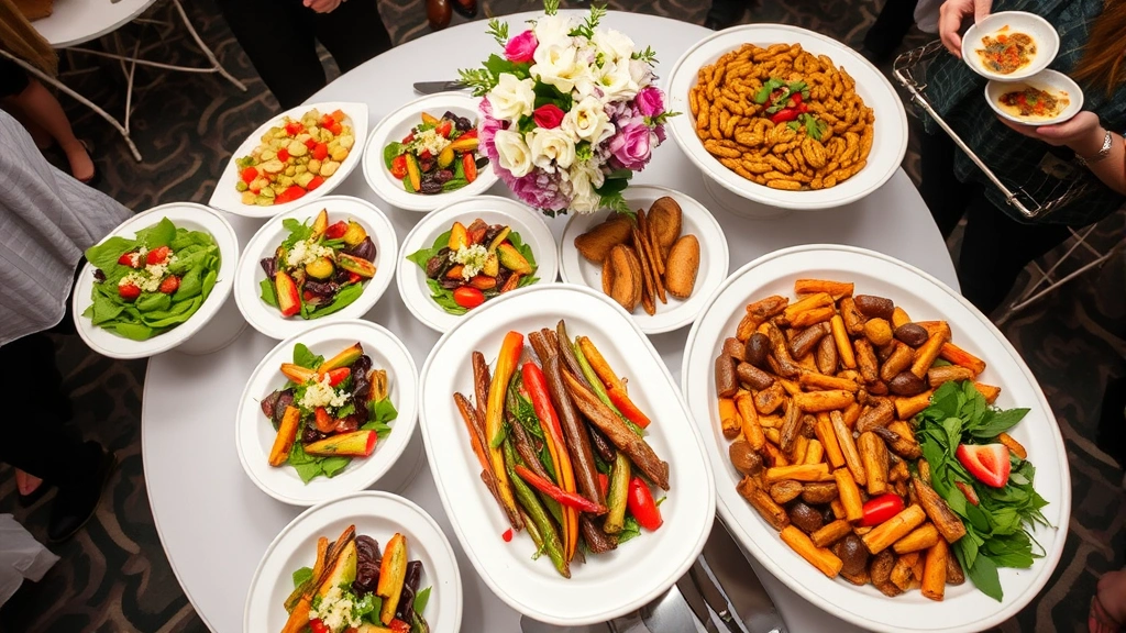 Overhead view of a catering event setup with multiple white serving platters filled with fresh salads, grilled vegetables, and prepared dishes, elegant table setting with fresh flowers as centerpiece, professional event display, guests in background enjoying food