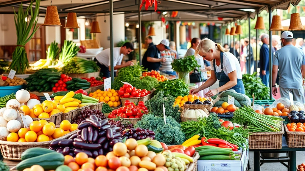 Farmer's market scene showing diverse fresh produce displays with colorful fruits and vegetables, vendor arranging items on table, customers browsing, natural outdoor lighting, authentic local food market atmosphere, community engagement focus