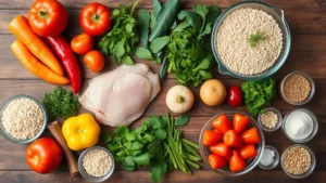 Overhead flat lay of fresh grocery ingredients arranged on wooden surface: colorful vegetables, fresh herbs, raw chicken breast, grains in glass bowls, and pantry staples organized aesthetically in natural lighting