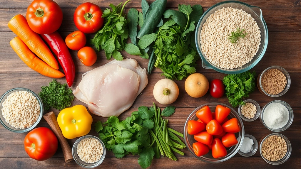 Overhead flat lay of fresh grocery ingredients arranged on wooden surface: colorful vegetables, fresh herbs, raw chicken breast, grains in glass bowls, and pantry staples organized aesthetically in natural lighting