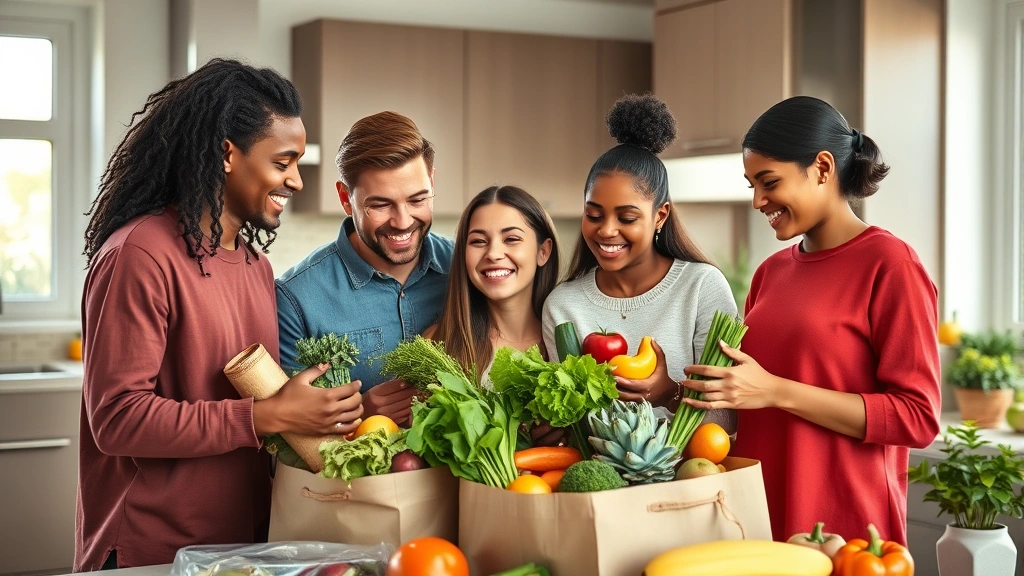 Young diverse family of four unpacking fresh meal bundle groceries in modern kitchen, smiling while examining fresh produce and ingredients, bright natural window lighting, contemporary home setting