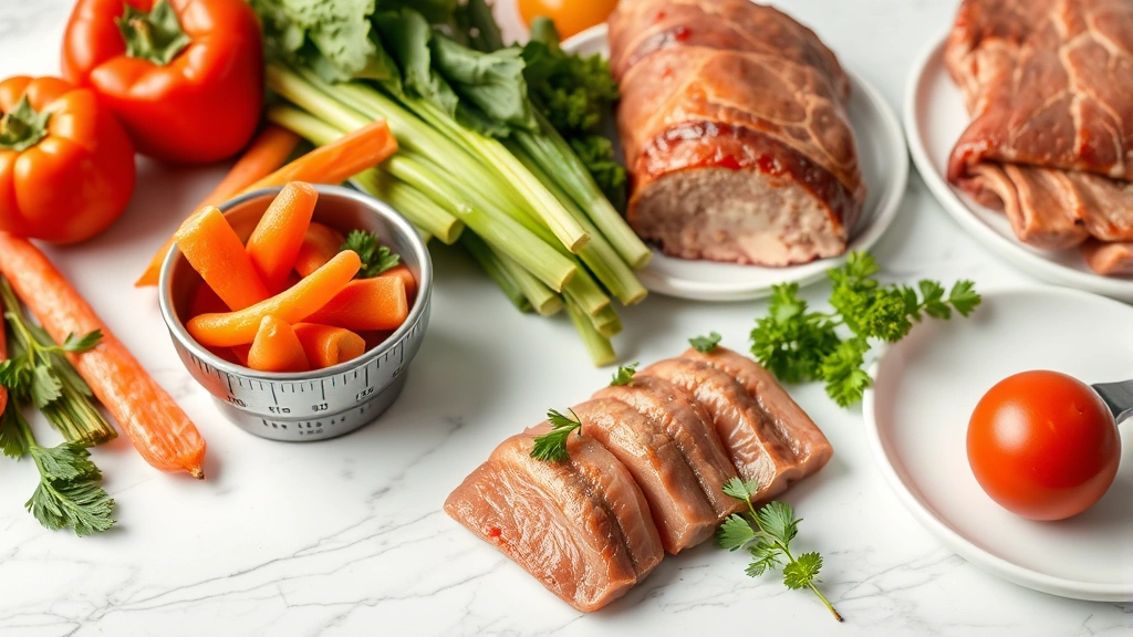 Close-up detail of fresh organic vegetables and premium proteins on white marble countertop with measuring scale, fresh herbs garnish, professional food photography styling, bright studio lighting