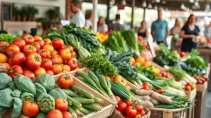 Professional farmers market vendor display featuring colorful fresh vegetables including heirloom tomatoes, leafy greens, root vegetables, and specialty produce arranged in wooden crates and baskets, bright natural lighting, no signage or text visible, shoppers in soft focus background