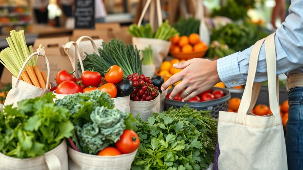Close-up of fresh organic produce including mixed vegetables and fruits in reusable canvas bags and containers at market stall, hands of customer and vendor in professional interaction, natural daylight, emphasizing quality and local commerce