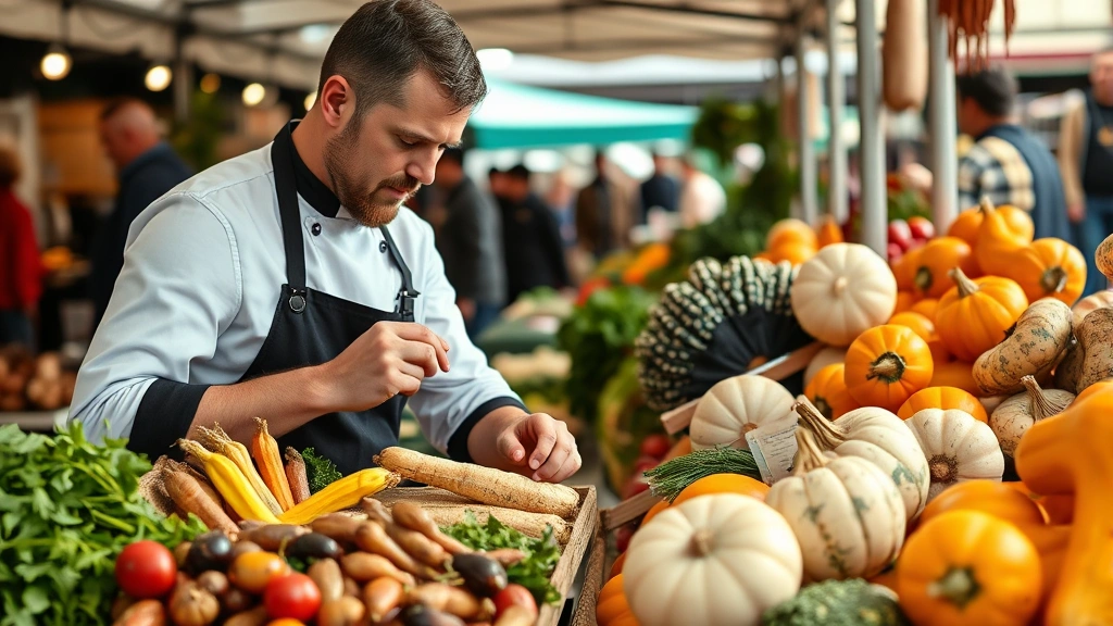 Professional chef examining fresh organic produce at farmers market stall, selecting vibrant root vegetables and winter squashes, natural daylight, busy market background