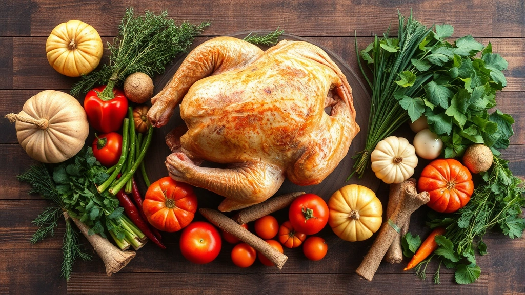 Rustic wooden table display of fresh Thanksgiving ingredients including whole turkey, seasonal vegetables, herbs, and root vegetables in artful arrangement