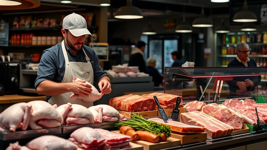 Vendor at fresh market counter preparing premium poultry, professional butcher workspace with quality meats displayed, customer interaction visible in background