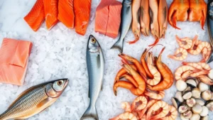 Overhead shot of a professional fish market display counter featuring multiple species of fresh seafood on crushed ice, including salmon fillets, whole fish, shrimp, and scallops, with bright natural lighting and a clean white marble or stainless steel surface