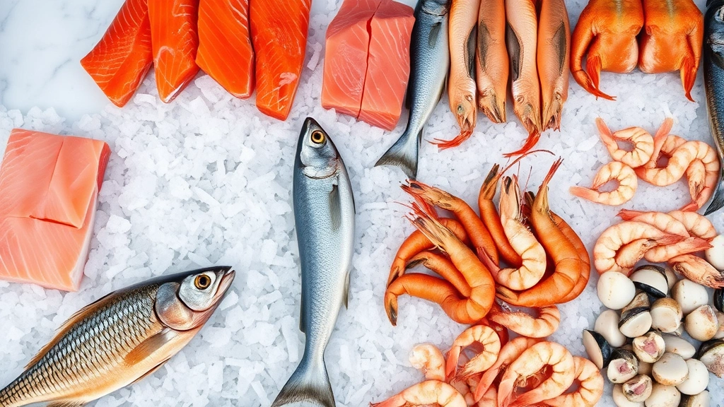 Overhead shot of a professional fish market display counter featuring multiple species of fresh seafood on crushed ice, including salmon fillets, whole fish, shrimp, and scallops, with bright natural lighting and a clean white marble or stainless steel surface