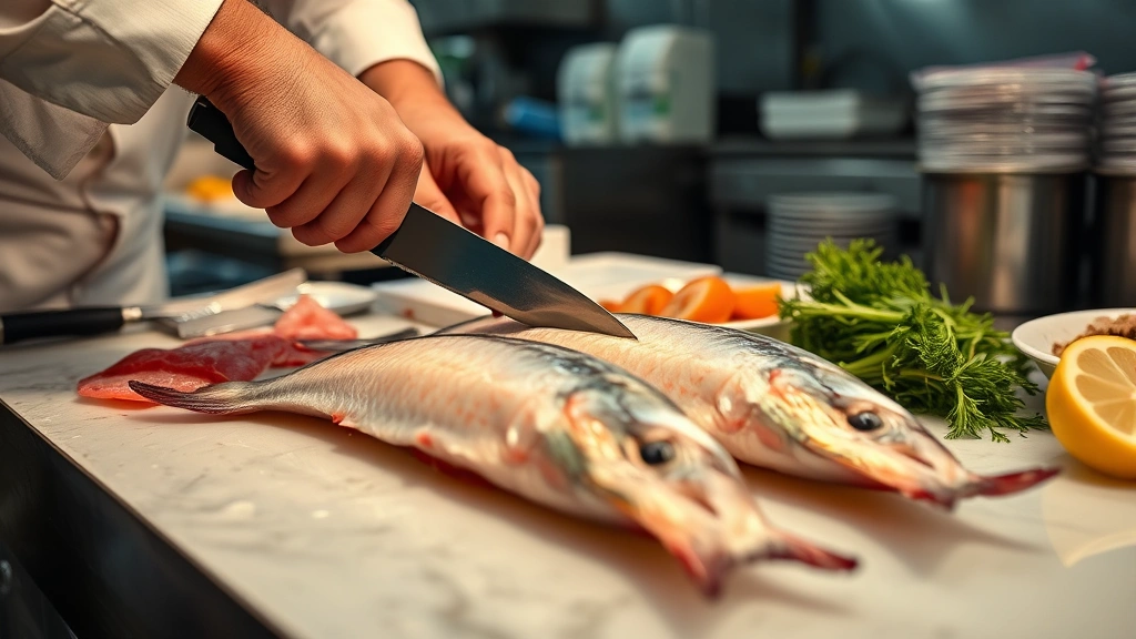 Close-up detail of a seafood vendor's hands expertly preparing fresh fish, demonstrating proper handling techniques with sharp knives on a clean cutting board, showing professional kitchen environment with proper sanitation and organized workspace