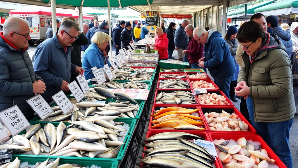 Bustling farmers market outdoor seafood stall with customers shopping and examining products, featuring vendor displaying fresh catch in ice-filled bins with signage showing species names and prices, natural daylight and community atmosphere