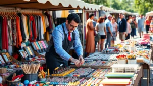 Professional vendor arranging merchandise display at outdoor flea market with colorful items organized on tables, morning sunlight, diverse shoppers browsing in background
