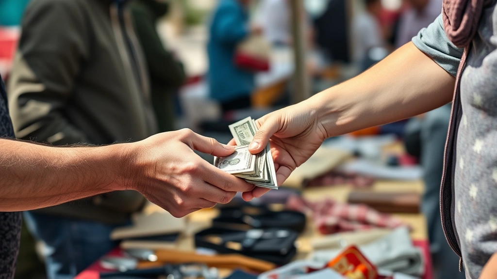 Close-up of hands exchanging cash during flea market transaction, vendor and customer negotiating, merchandise visible on table, natural daylight
