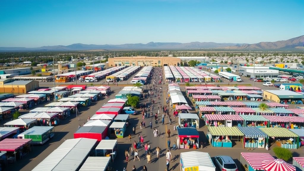 Aerial view of busy flea market venue with multiple vendor booths, shoppers walking between rows, parked vehicles, California landscape setting
