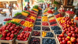 Overhead view of vibrant farmer's market stall with colorful fresh fruits—strawberries, oranges, apples, and berries arranged in wooden crates and baskets, customers browsing in background, natural morning light, bustling market atmosphere, photorealistic