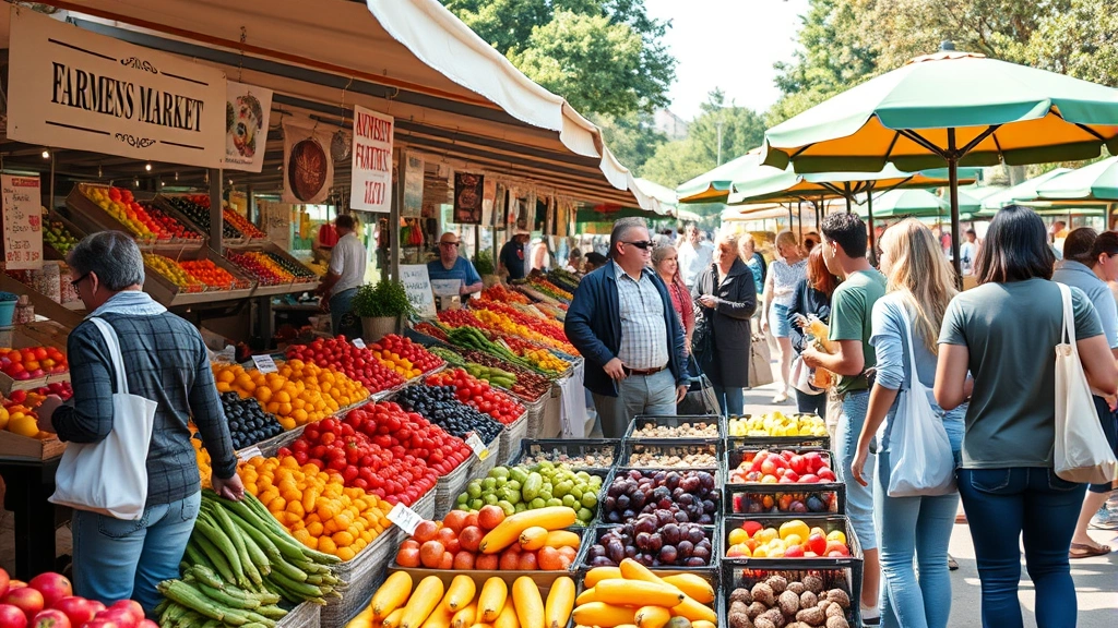 Busy farmers market scene with multiple vendor stalls displaying diverse fresh fruits, customers shopping with reusable bags, outdoor setting with market umbrellas, community gathering atmosphere, authentic local market environment, photorealistic
