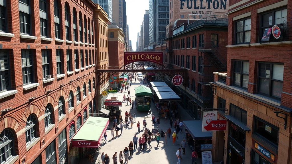 Overhead view of bustling Chicago Fulton Market district with brick warehouse buildings, pedestrians shopping, and converted loft storefronts on a bright afternoon. Urban commercial streetscape with diverse retail signage visible.