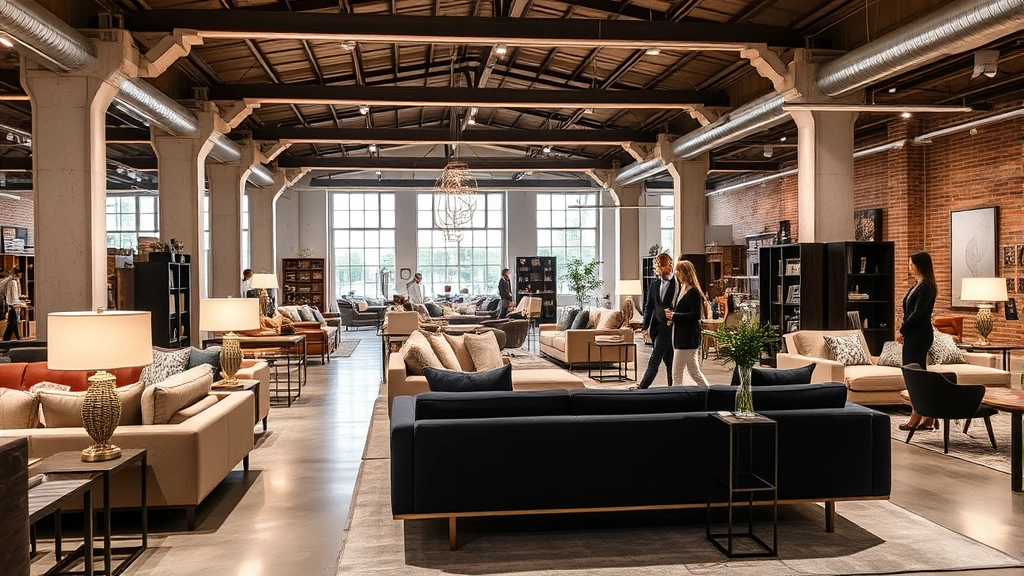 Interior of upscale furniture showroom in converted warehouse with contemporary sofas, pendant lighting, and home furnishings arranged in sophisticated display settings. Professional retail environment with customers browsing modern design pieces.