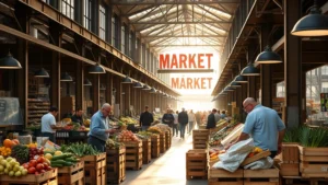 Busy Chicago Fulton Market corridor during morning hours with vendors arranging fresh produce displays in wooden crates, natural sunlight streaming through industrial warehouse windows, authentic market activity